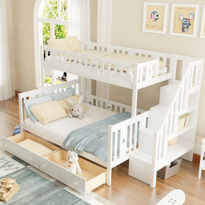 Lit superposé 90x200/140x200 cm Lit enfant avec escalier de sécurité Lit 2 personnes avec deux grands tiroirs Blanc