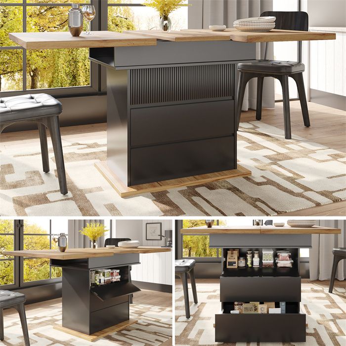 Table Extensible Salle a Manger avec 3 Rangement Table Carrée Extensible Table de Cuisine 4 à 6 Personnes Noir 110-140×80cm