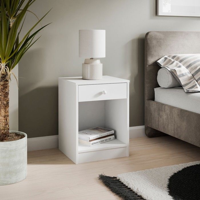 Table de chevet moderne blanche avec port de charge USB et tiroir de rangement Petite et étroite Table de chevet pour chambre à coucher Table d'appoint intelligente