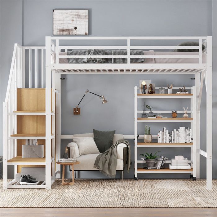 Lit Mezzanine 1 Place 90x200 avec Rangement Étagère Mobile et Penderie Escalier pour Ado Adulte Métal Bois Naturel et Blanc