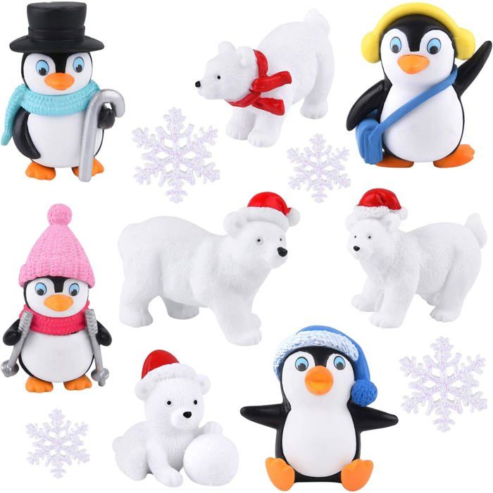 12 Pcs dhiver Résine Pingouin Ours Polaire Flocons De Neige Miniature Figurine Jouet Mini Figurines De Noël pour DIY Jardin Décor