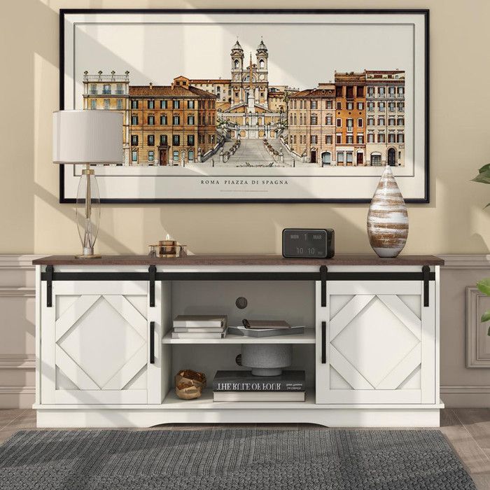 Meuble TV 150x40x60 cm buffet avec 2 portes coulissantes classiques étagères réglables pour salon maison de campagne