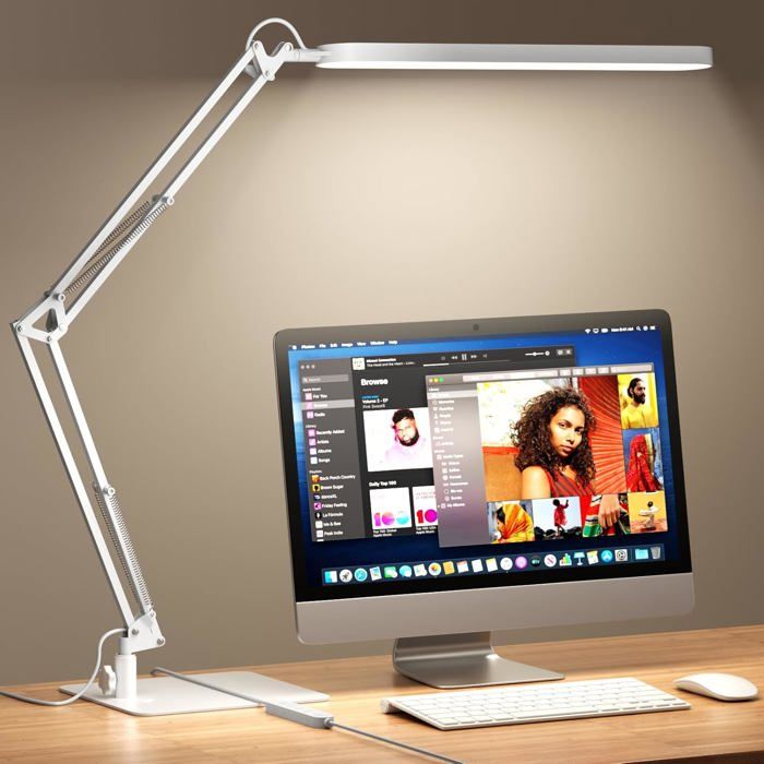 Lampe de bureau SKYLEO Ultra‑mince bras articulé 1300 LM 12W Blanc – 5 modes minuterie