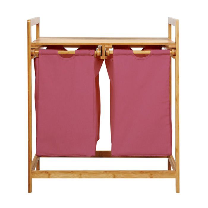 Panier à linge - LUMALAND - en bambou - sac extensible sur rails - 60 L - rose
