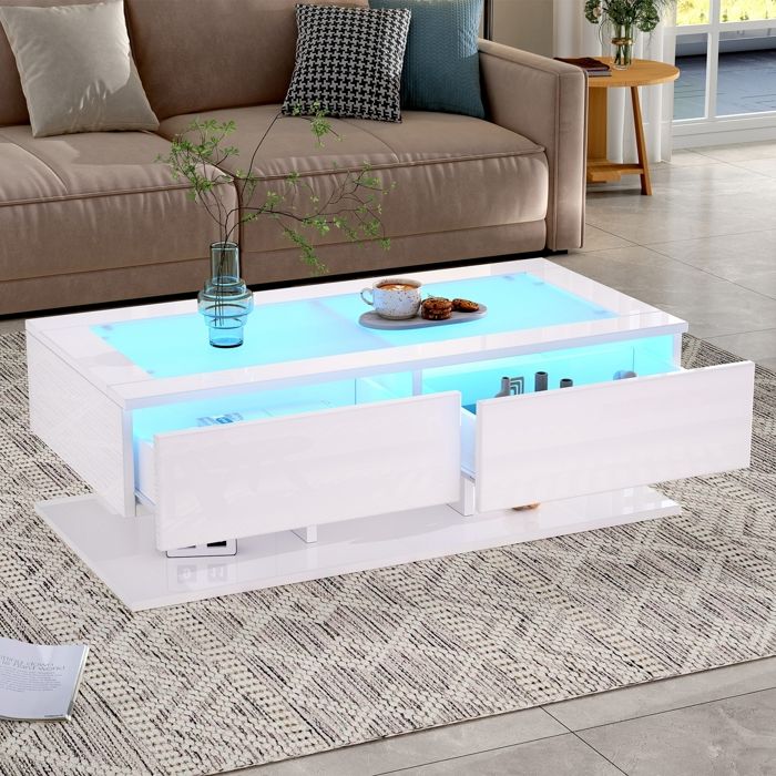 Table basse - canapé haute brillance - salon avec tiroirs - avec lumière LED - plateau en verre - blanc - 100x50x35cm
