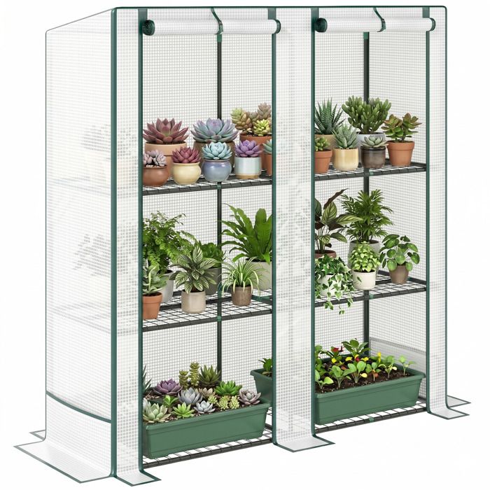 Serre de jardin - Outsunny - étagères métalliques à 3 niveaux - couverture en PE de 140g/m² - toit incliné - 144 x 48 x 152 cm blanc