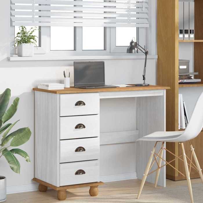 Bureau décriture avec tiroir - MEUBLECHIC - 95x40x75 cm - Blanc - Bois de pin massif - Cadre en métal