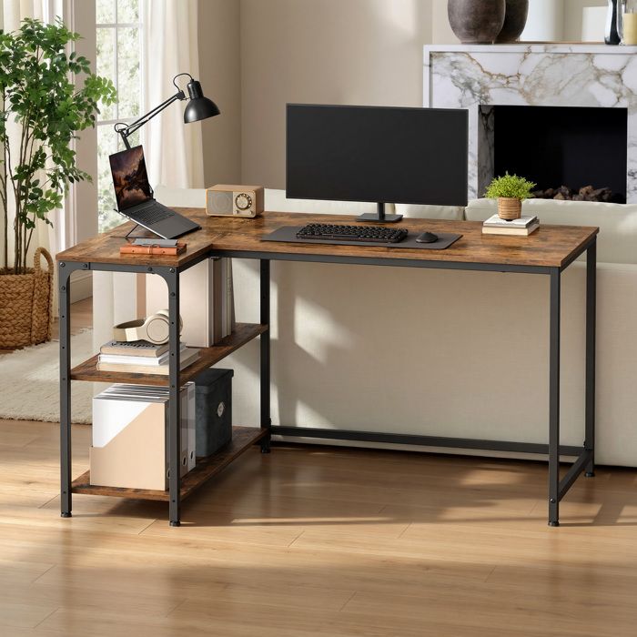 Bureau Gaming en L Réversible avec Rangement Étagères Réglables Table Informatique dAngle 120 x 80 cm Marron