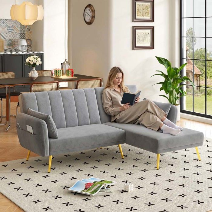 Canapé dangle - Canapé pliant moderne - Convertible 2-3 places - Angle réversible - Velours gris structure bois massif