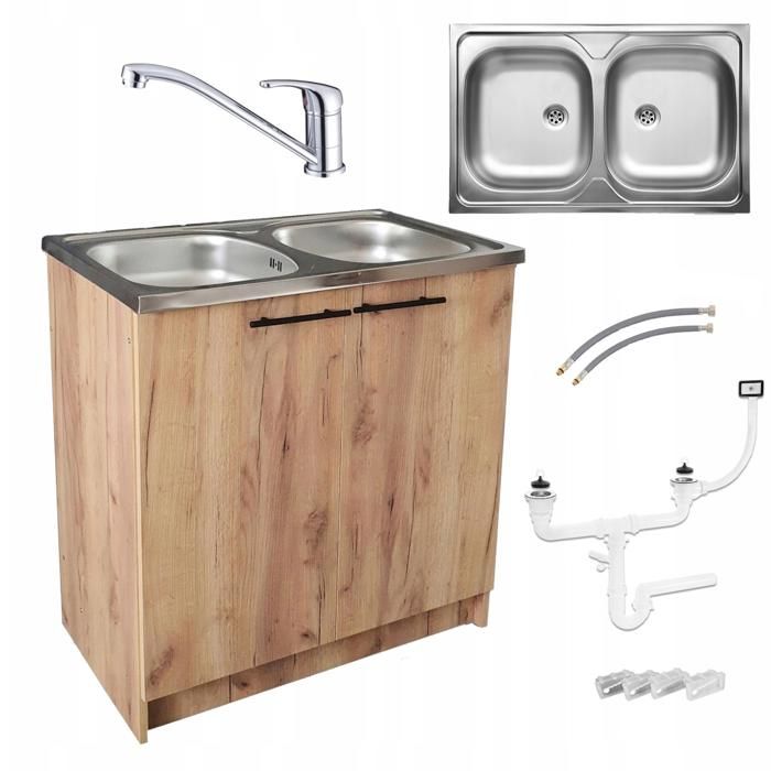 STAMAR Meuble sous Évier 80 cm Chêne Doré + Évier Inox 2 Bacs + Robinet Pivotant Chrome + Siphon LV - 80x49x82 cm