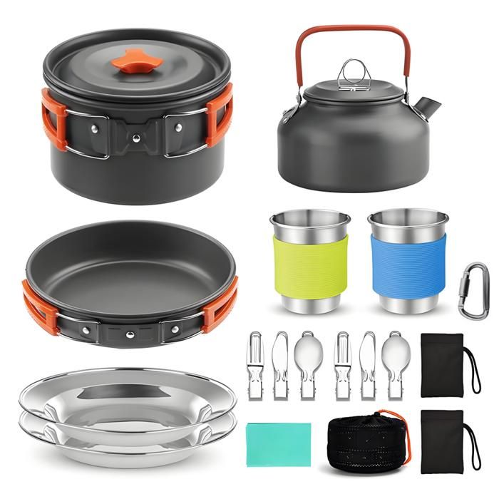 Kit dustensiles de Cuisine de Camping en Aluminium Ensemble de Cuisine Portable dextérieur Casserole Bouilloire Assiettes Couverts