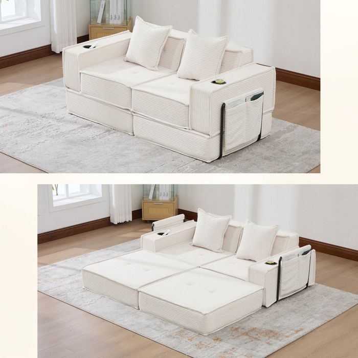 Canapé de salon 2 places 162 x 78 x 66 cm avec deux coussins - Canapé-lit convertible - Chaise longue de salon - Beige