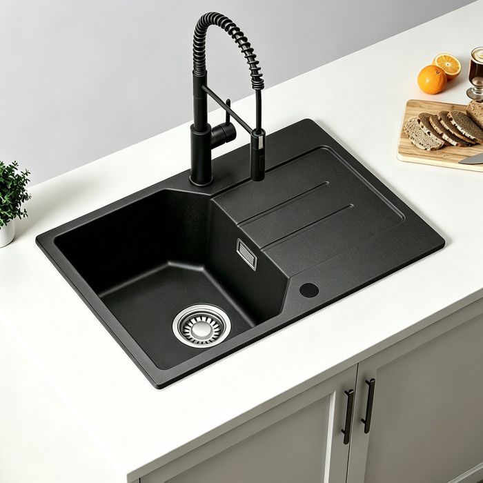 Évier 1 bac en granit - ANYCEE MAX - Noir - 65x45 cm - Égouttoir réversible
