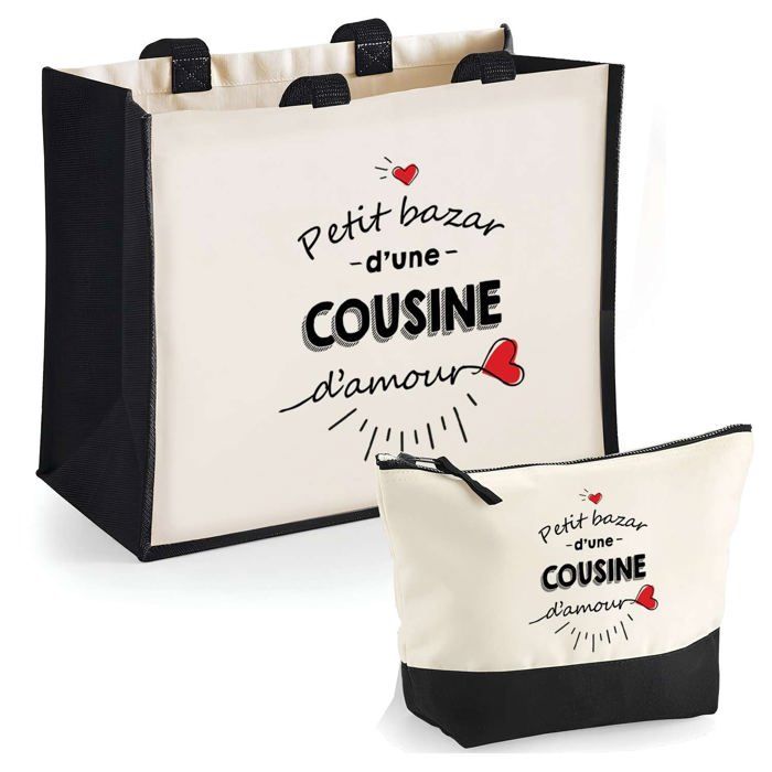 Duo cabas jute et trousse Bazar dune Cousine damour Cadeau Cousine Anniversaire Noël Sac de courses Pochette Maquillage Shopping