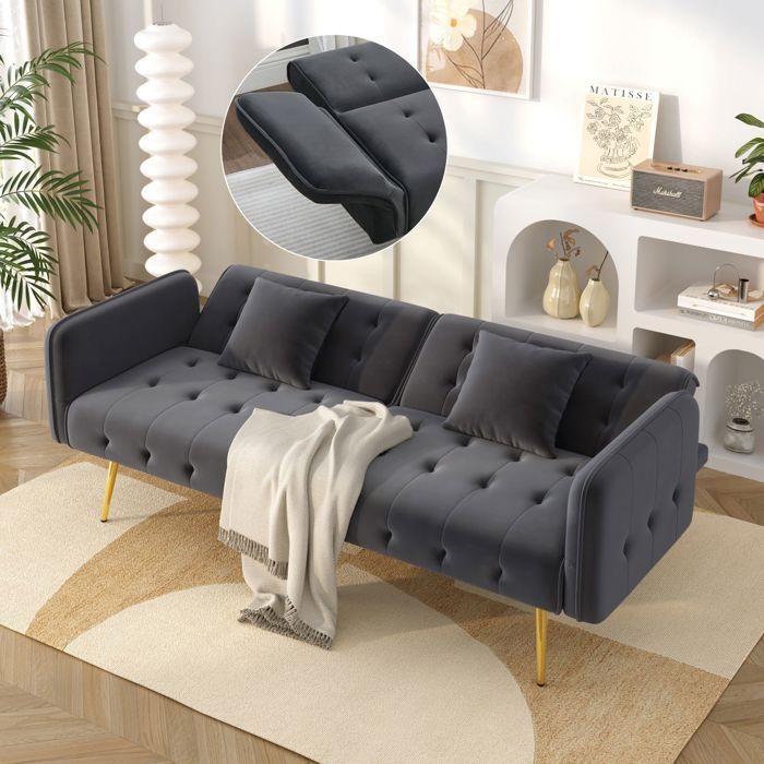 Canapé 2 places revêtement velours Canapé salon lit pliable dossier réglable accoudoirs multipositions zone couchage spacieuse