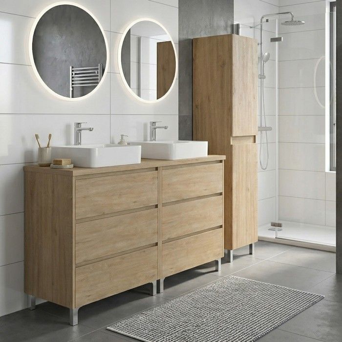Ensemble meuble double vasque à poser L. 120 cm + 1 colonne sur pied 6 tiroirs Chêne naturel LISBONA Ensemble meuble double vasque à poser L. 120 cm + 1 colonne sur pied 6 tiroirs Chêne naturel LISBONA