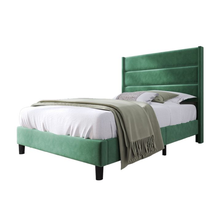 Lit enfant 90x200 cm avec tête de lit rembourrée sommier à lattes structure stable velours vert foncé