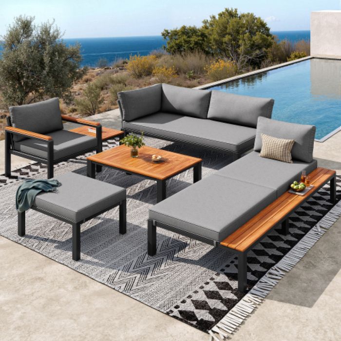 Canapé jardin convertible Groupe de siège modulaire outdoor avec combinaison libre cadre métallique robuste coussins respirants e