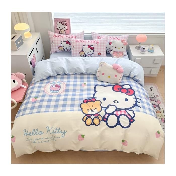 Set de literie Hello Kitty 4 pièces housse de couette 200×230cm + drap plat 230×245cm + 2 taies doreiller