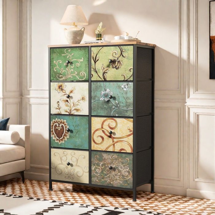 Commode à 8 tiroirs -67 5x30x100cm - Commode à motifs rétro- Anajqaqia- Meuble de rangement en fer forgé vieilli-Meuble de rangement