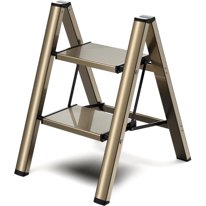 Tabouret Escabeau Pliable 2 Marches - Pédale Large Antidérapante en Aluminium Capacité 150kg - Design Moderne pour Usage Intérieur