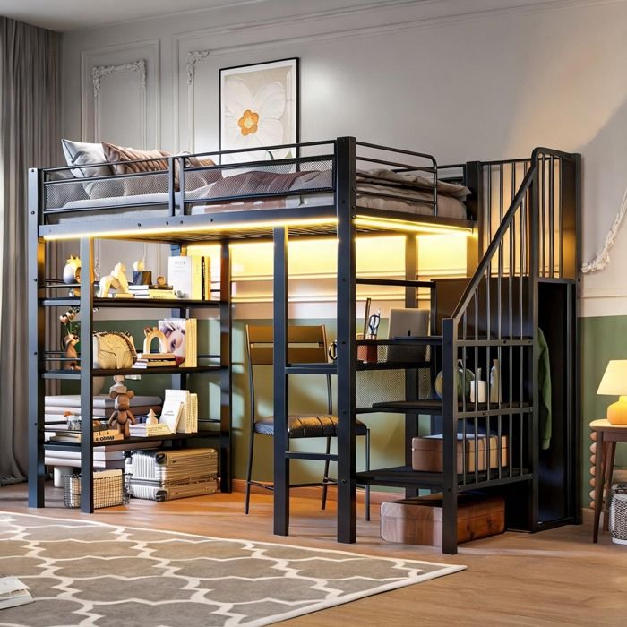 Lit mezzanine 90x200 cm en métal noir façon fer forgé avec éclairage LED prise rangements et bureau intégrés