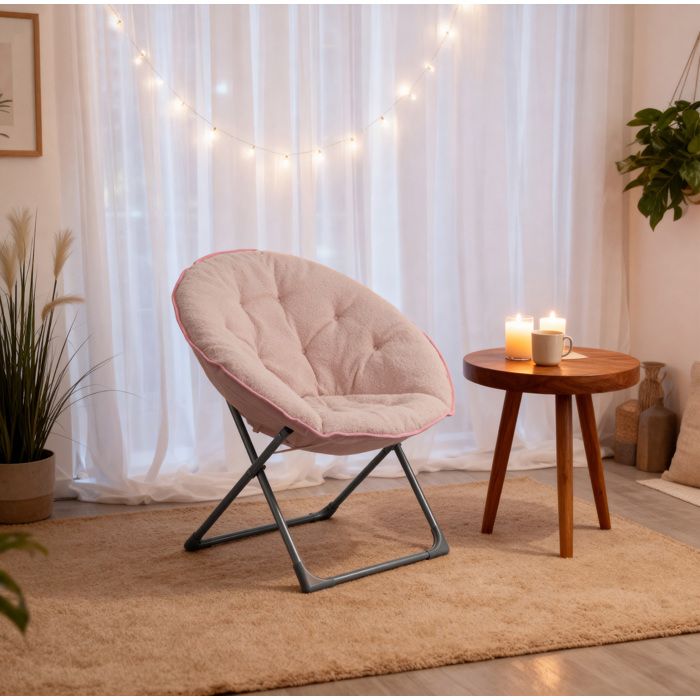 Fauteuil lune pliant 1 place relaxation rose assise rembourrée tissu effet laine structure métal 53x58x85 cm ORVRYN