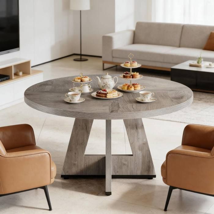 Table à manger ronde 120 cm gris style campagne en bois d’ingénierie 4 places sans chaises