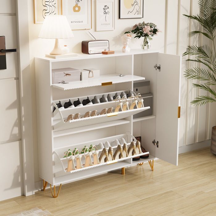 Vitrine à chaussures vitrée blanche 4 niveaux 2 compartiments rotatifs 2 portes verre à serrure rangement modulable antichute