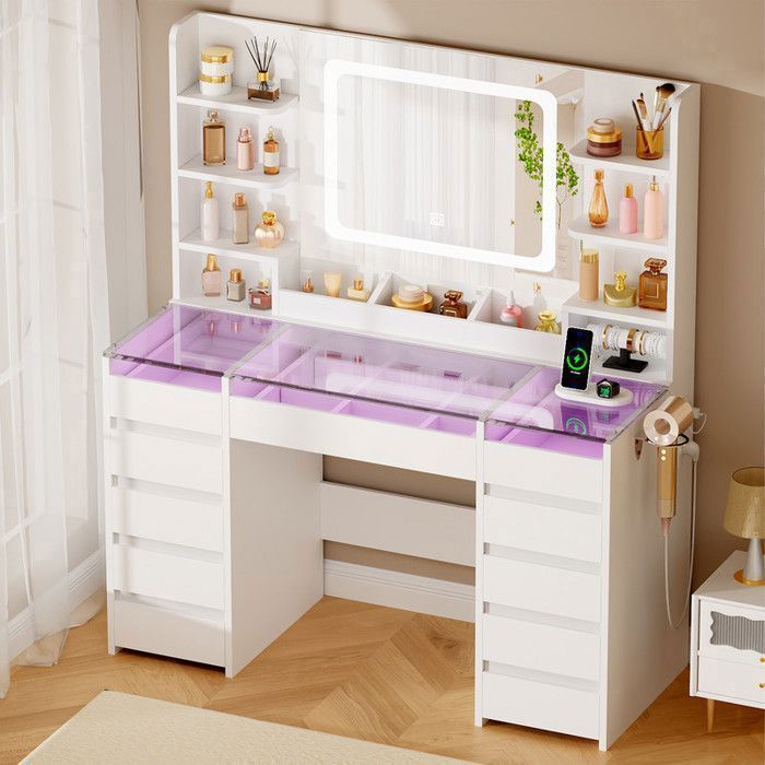 Coiffeuse avec Miroir LED Plateau en verre Multiprise 11 tiroirs 6 étagères éclairage RGB Blanche