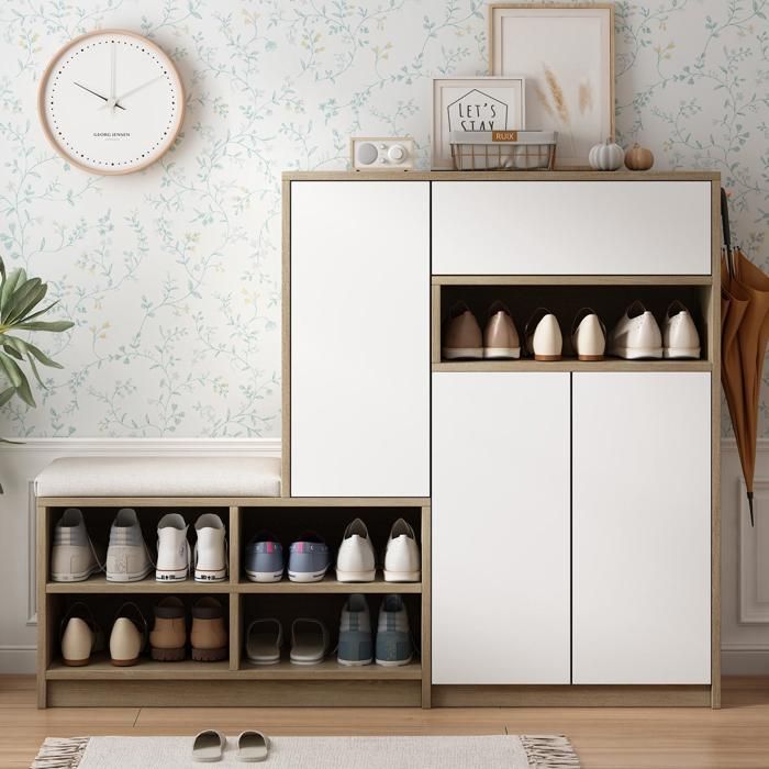 Armoire à Chaussures avec Banc Rembourré Meuble à Chaussures avec 5 Portes Tiroir et étagères Réglables Blanc 140x35x110cm