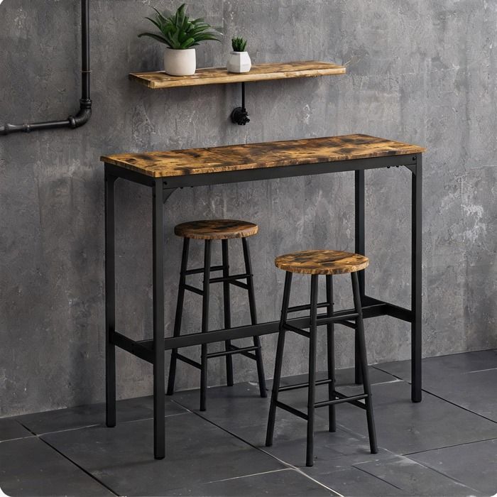 Table haute de bar rectangulaire et 2 tabourets en MDF aspect acajou structure acier noir pour 2 personnes 105x40x90 cm