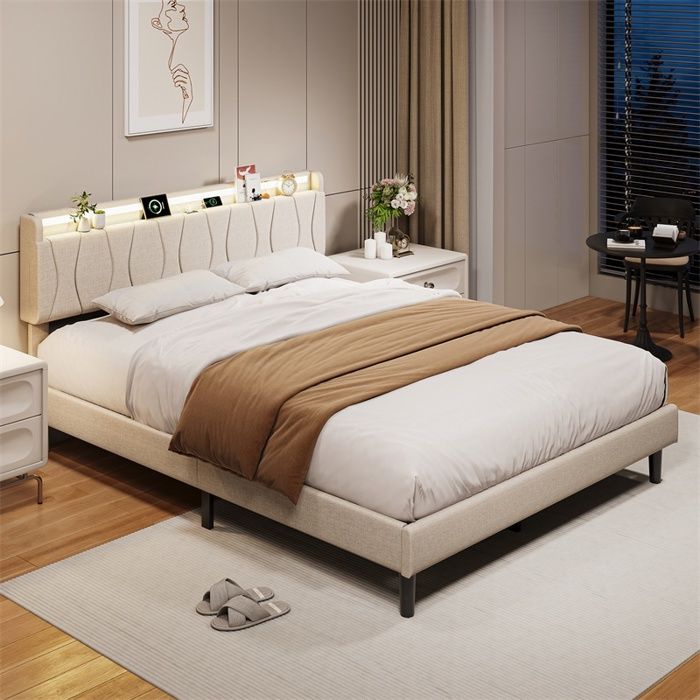 Lit 140x200cm - Lit double 140x200cm - avec tête rembourré lin de lit led rgb usb et étagère de rangement 2 places - Beige Lit 140x200cm - Lit double 140x200cm - avec tête rembourré lin de lit led rgb usb et étagère de rangement 2 places - Beige