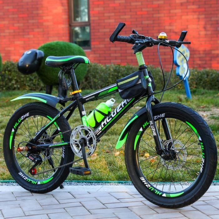 Vélo Enfant Garçon 20 Pouces 7 Vitesses - VTT Réglable Avec Support Bouilloire, Vert