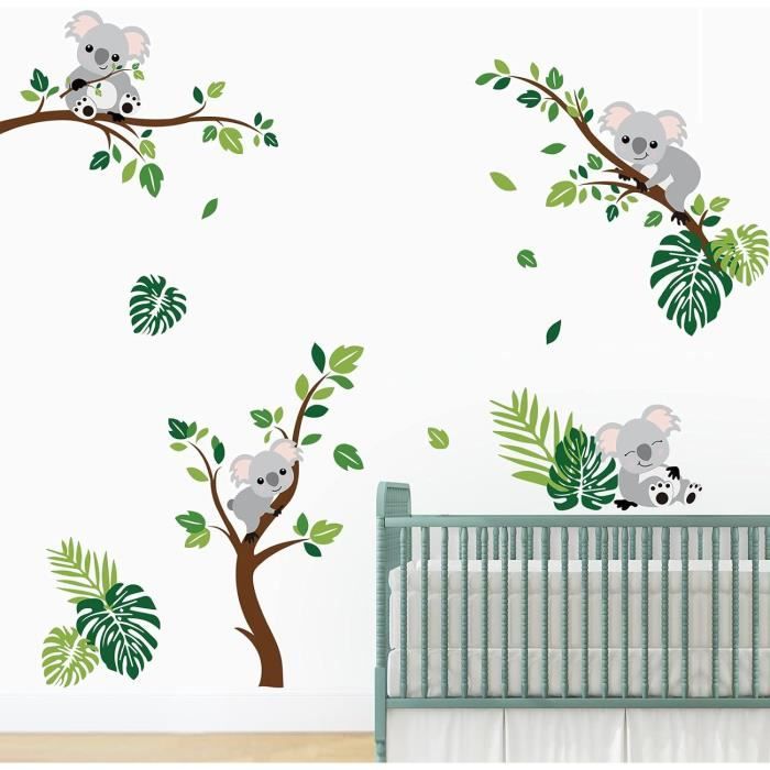 Stickers Muraux Koala Et Palmier – Déco Chambre Bébé Ou Enfant – Autocollants Amovibles Et Imperméables – 8 Feuilles 21x30 Cm – Design Tropical