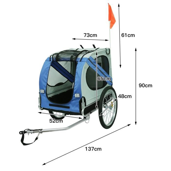 Remorque de vélo pliable pour chiens Laizere bleue et grise avec 2 réflecteurs - Charge 40kg