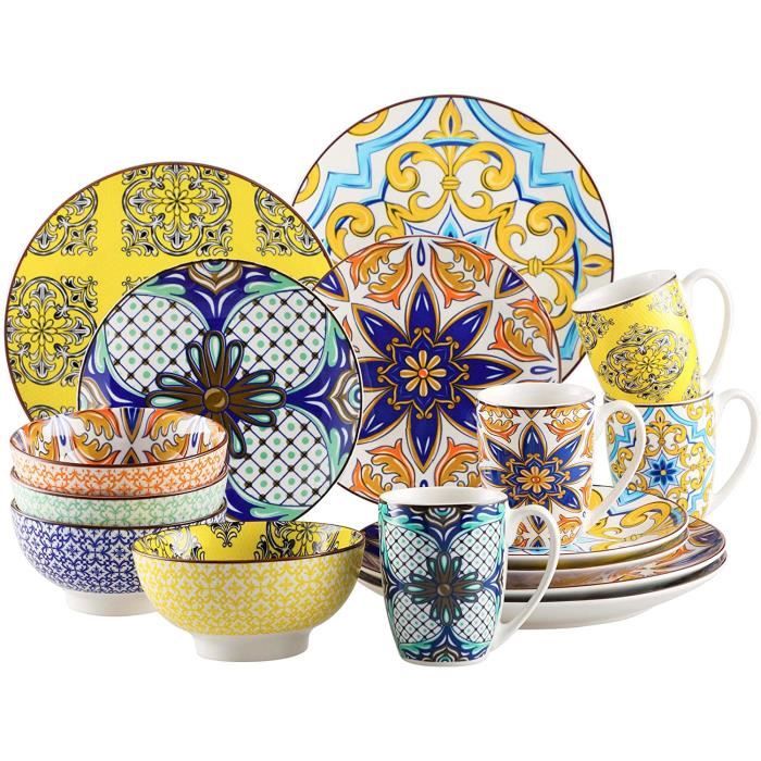 vancasso, Série Jasmin, Service de Table Complet en Porcelaine, 16 Pièces, Assiette Plate, Assiette à Dessert, Bols, Tasse Mug, Faïe