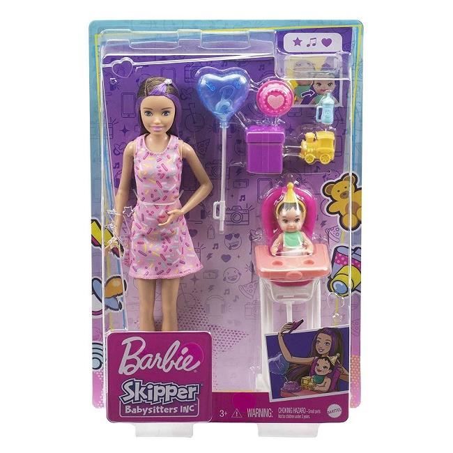 Coffret Barbie Skipper Babysitter Fete Anniversaire Avec poupee bebe et accessoires Set Famille et carte animaux