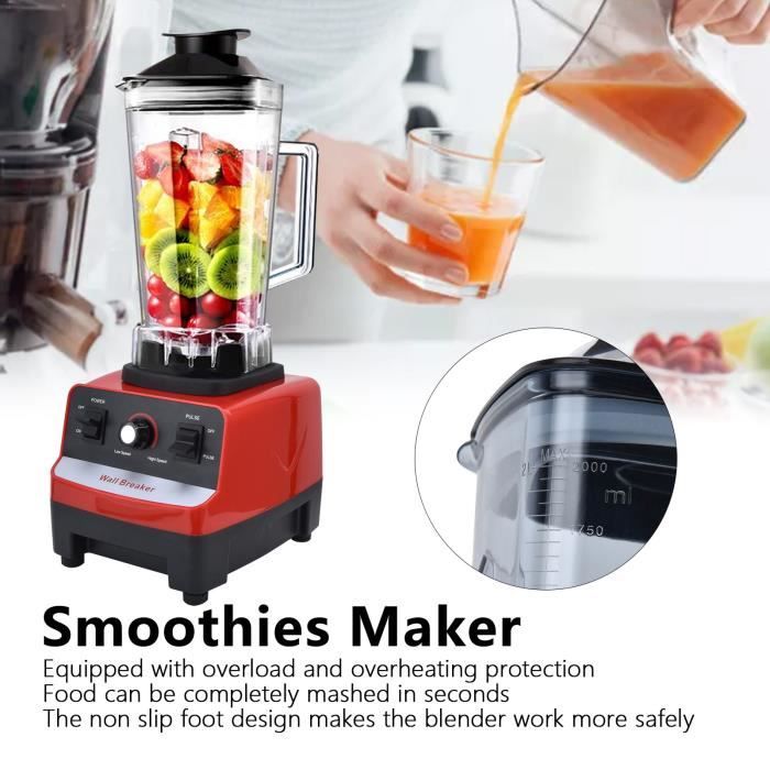 Blender pour smoothies 2000 ml, lame en acier inoxydable à