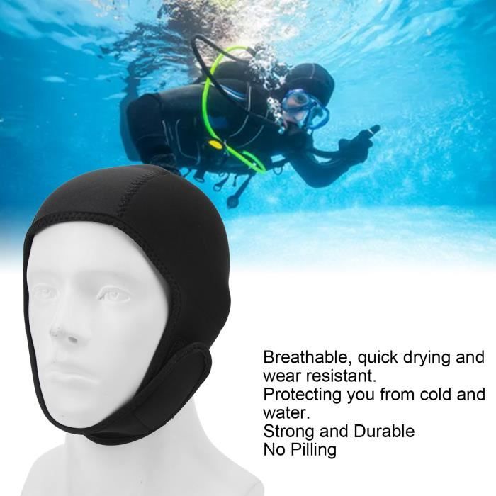 Bonnet de plongée noir en néoprène de 2 mm avec mentonnière - Bonnet de plongée extensible - Capuche