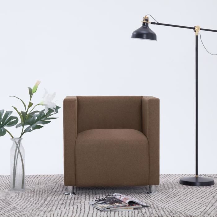 fauteuil cube marron famirosa - tissu - 146 - revêtement en polyester - cadre en bois - pieds chromés