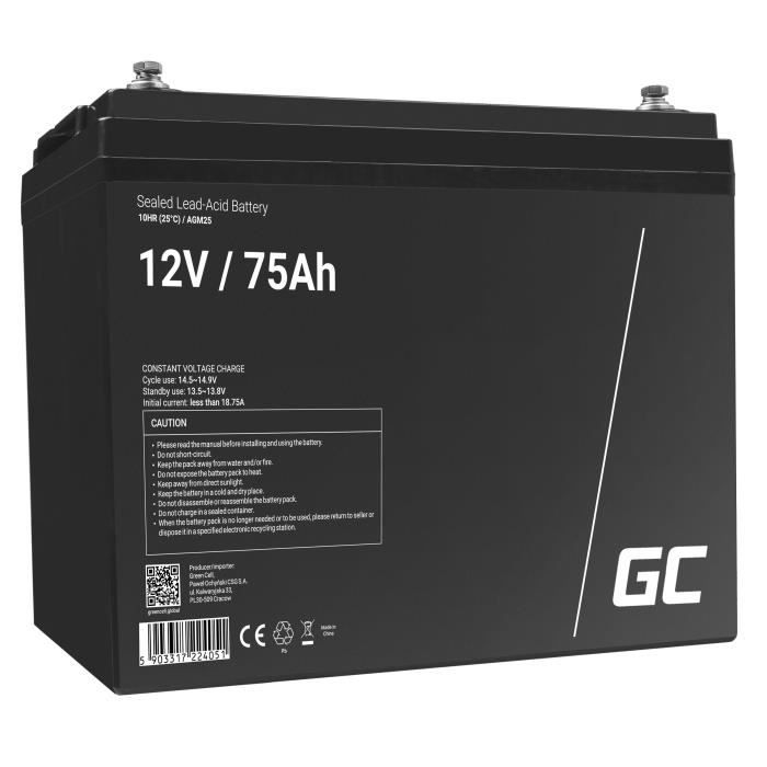 GreenCell® Rechargeable Batterie AGM 12V 75Ah accumulateur au Gel Plomb Cycles sans Entretien VRLA Battery étanche