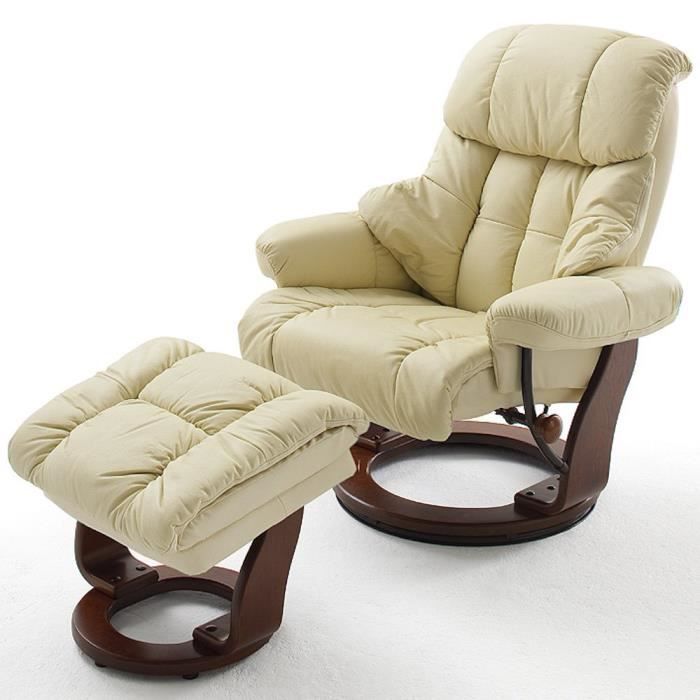 fauteuil relax clairac assise en cuir crème pied en bois noyer avec repose pied blanc cuir inside75