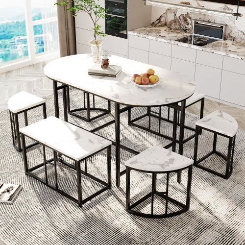 table de salle à manger avec six chaises, groupe de salle à manger avec siège en mdf blanc et cadre en fer noir, tables et chaises
