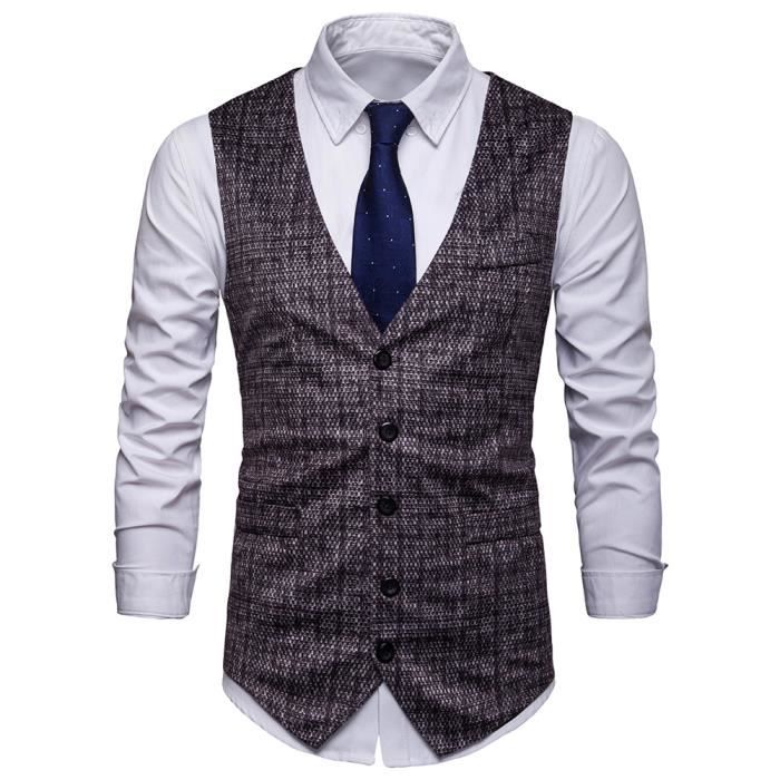 Gilet De Costume Homme Petit Plaid Ouverture Boutonnée Slim Fit Sans Manche Gilet