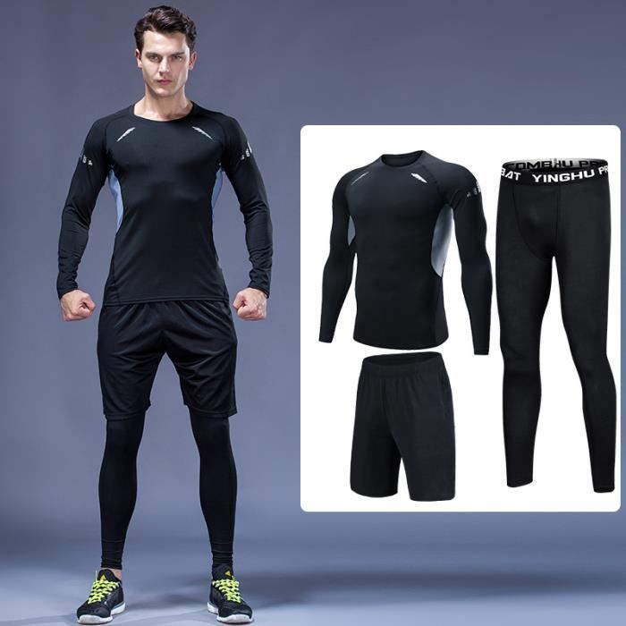 Ensemble tenue de compression hommes 3 pcs Maillot manches longues Collant Running Short Sport Dry Fitness Legging Sechage Rapide Noir gris manches longues Cdiscount Sport