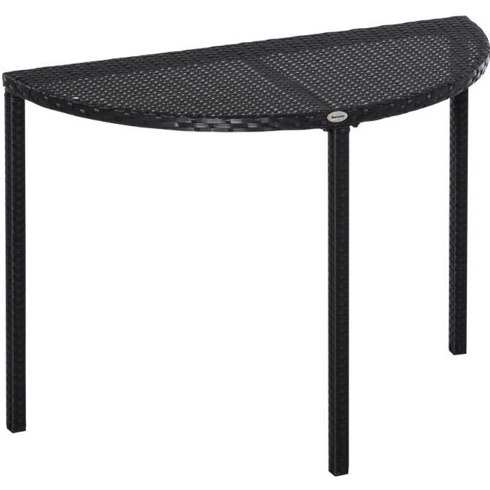 table de balcon jardin demi-l 100x50x74cm noir - outsunny - design - rond - 3 personnes - résine tressée - métal