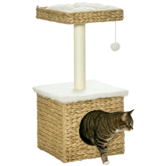 Arbre à chat - PawHut - 2 niveaux 1 niche poteau sisal plateforme observation pompon - jacinthe deau - naturel