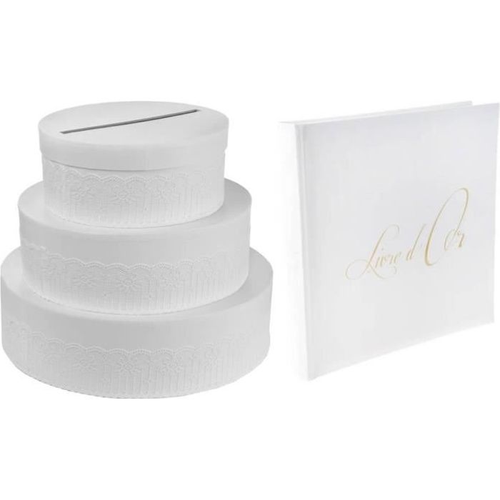 R 5546 1 Pack Mariage Urne Gateau Et Livre D Or Blanc Et Or Cdiscount Maison