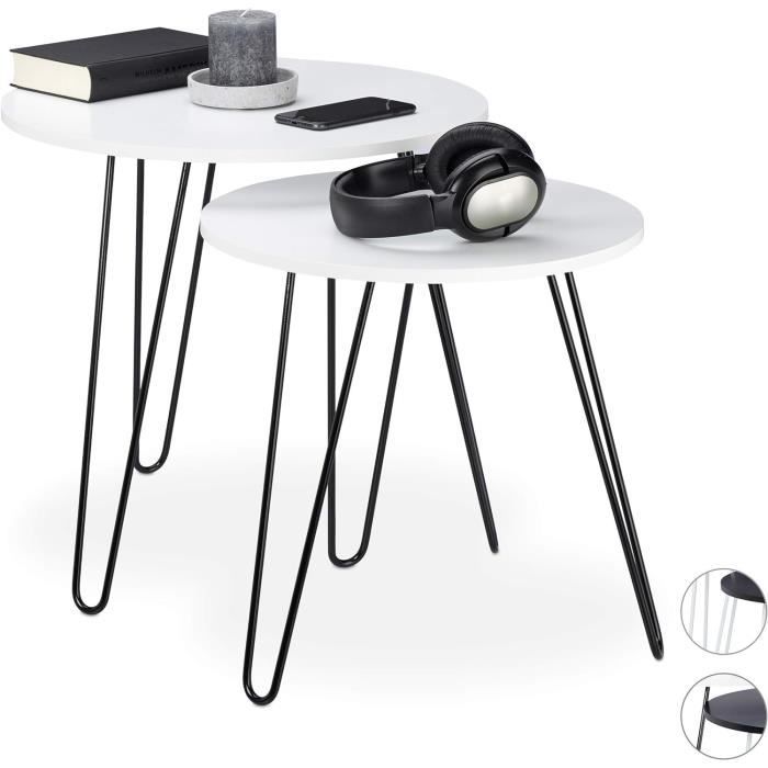 Lot De 2 Tables Gigognes FOREHILL - Blanc - Pieds Bois - 75.8cm Et 63cm - Style Scandinave - Salon/chambre